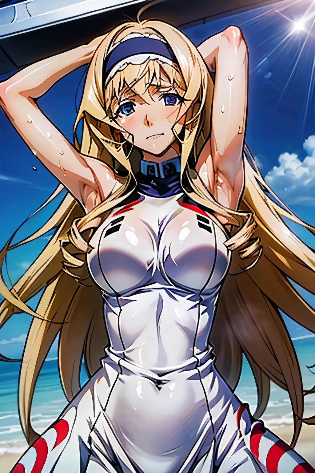best quality, amazing quality, very aesthetic, absurdres, (1girl, noa, blue archive, solo, purpel eyes), (realistic face:0.9),(string bikini:1.8), (glare, blush, thigh:1.3), (cowboy shot), (glowing eyes), (half closed eyes:0.9), (Soft Light:1.7), (official art:1.3), (Create a full-body illustration of a young female elf warrior. She has long, flowing blonde hair and piercing green eyes. She is wearing silver armor with intricate designs, and she holds a glowing sword in her right hand. Her expression is determined and fierce, ready for battle. The background is a mystical forest with ancient trees and a glowing mist.
), expressive eyes, perfect face, extremely detailed eyes, perfect ???????, smooth skin, (black background:1.5), clear eyes, beautiful face, medium breasts, (anime style:1.7), (Warm Light:1.5), (highres:2), (Chiaroscuro),