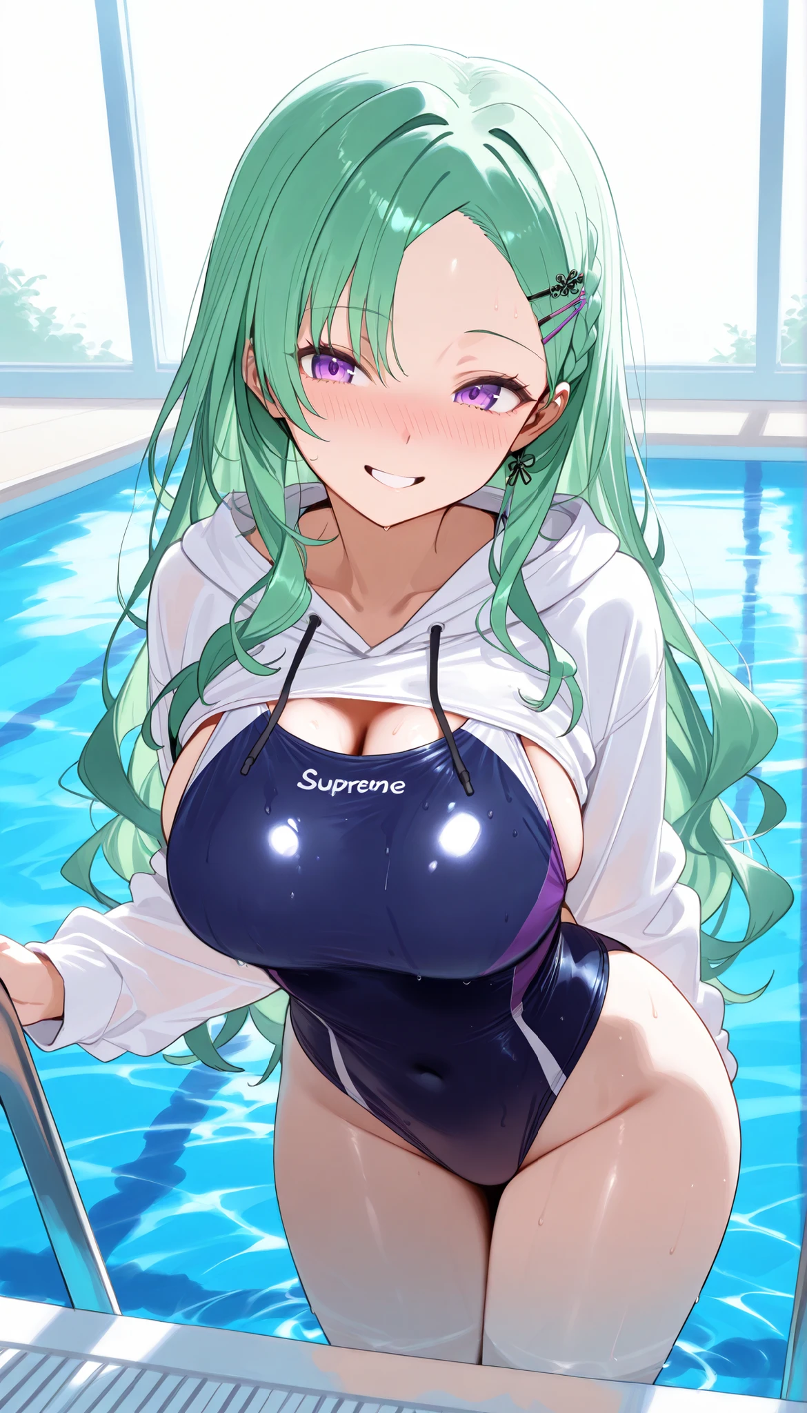 masterpiece, best quality, ultra detailed,1 girl, long green hair, blue eyes, school swimsuit, large breast, big breast nsfw, orgasm,
