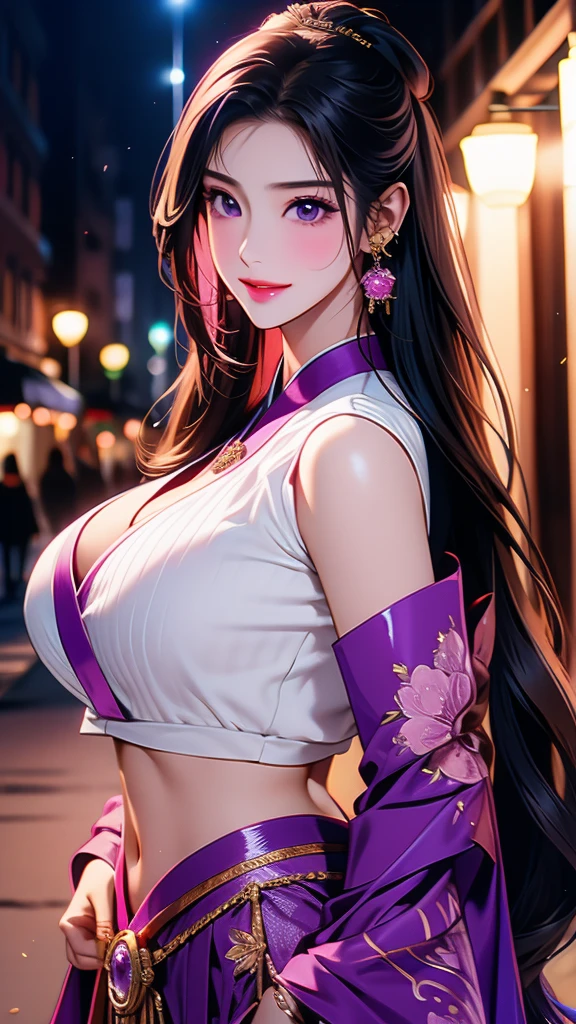 (masterpiece, best quality, photorealistic), woman with horns, solo, perfect slim fit body, huge breasts, purple wavy hair, hair ornaments, big gorgeous eyes, faint smile, parted lips, china dress, scenery in ancient China with neon lights, artistic, vibrant