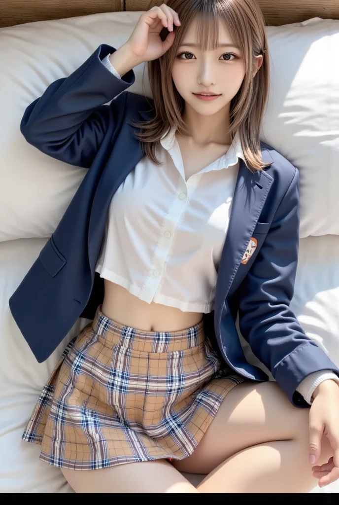 high school girl、uniform 、Navy jacket、Checkered pleated skirt、White shirt、Lace panties、Bedroom、lying on one's back on the bed、Spread your legs wide、Sexy pose、Perfect proportions、cute、((20-year-old female, 1 person:1.2))、Young and adorable Japanese face,Big Breasts, valley, Official Art,Highly detailed CG Unity 8K wallpaper,(masterpiece:1.0),(Highest quality:1.0), High resolution,4K,Very detailed, photo shoot, 8K, nsfw, High resolution, Kodak Portrait 400, Film Grain, Lens flare brilliance, Professional Lighting,Cinematic Light, View your viewers
