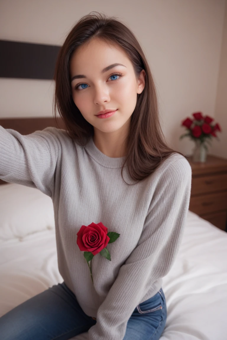 ((best quality)), ((masterpiece)), (detailed), pretty indian nude girl, off-shoulder sweater, girl hold a rose
