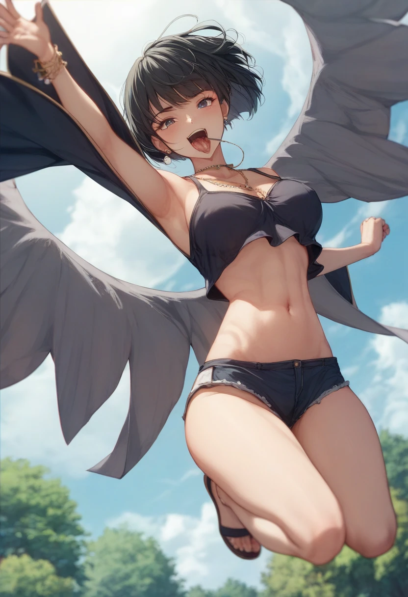 people in air surrounded by lots of birds flying overhead and a girl in the foreground, bird, 1boy, male focus, seagull, solo, black hair, scarf, sky, ocean , , (dark skin: 1.1), huge breasts,black long hair , POV, wet neckline, (thick thighs), 4k hd, ultra realistic, perfect body, perfect lips, perfect nose, Perfect eyes, beautiful belly, see through clothes, legs open, looking at the camera.