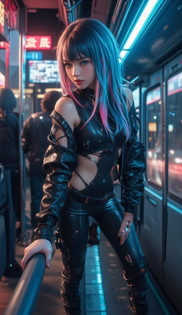 (cinematic, 8k, best quality, masterpiece: 1.2), (realistic, photo-realistic: 1.37), ultra-detailed, soft light, best quality, ultra highres, raw photo in HDR, sharp focus, intricate texture, skin imperfections, 1 girl, cute, solo, raw photo, Rebecca a robotic girl with green hair, pink tattoo on neck and belly, crazy face with rage, wearing a black jacket with yellow details, 19yo, camel fingers, slim body, warm body, shiny skin, realistic textures, reflected lighting, volumetric lighting. Background a cyberpunk city at night, neon lighting.