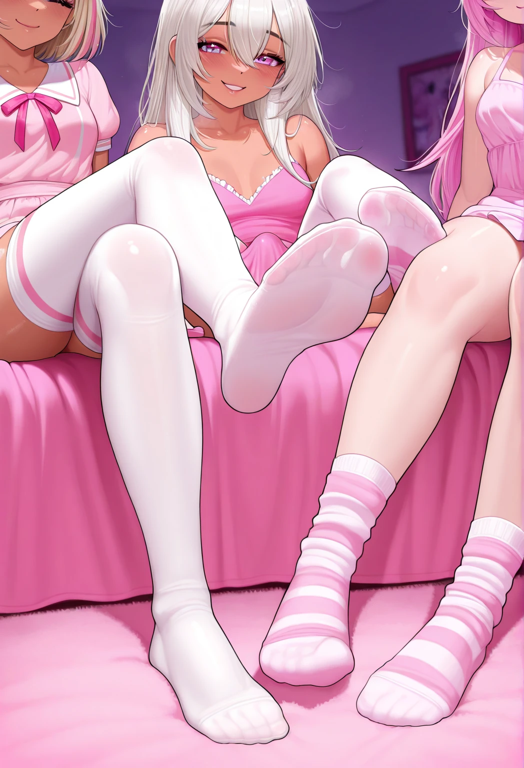 (((realistic))), ((masterpiece)), (detailed), 2girls, 18-years-old, snow-white hair, vivid purple eyes, tall, lovely and slender legs, long hair, rounded breasts, pale nipples, detailed beautiful faces, very detailed vaginas, squirting, very bloody squirting vagina, very bloody crotch, squirting, on a white bed, bloody vibrators, large dildo inside detailed anus, girls showing their groins to the viewer.