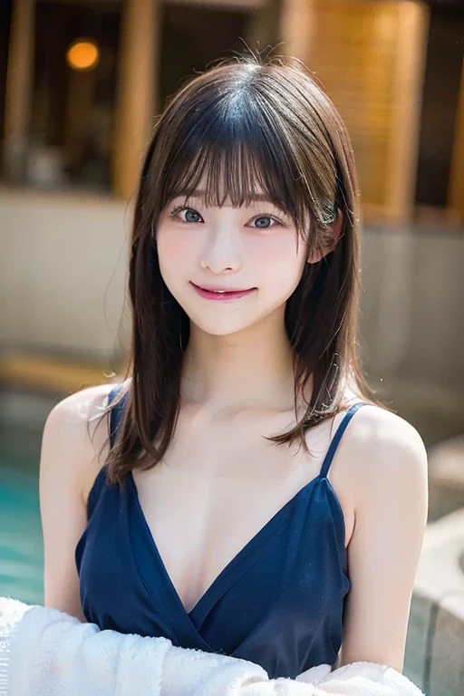 muste piece, best quality, illustration, Super detailed, fine details, High resolution, 8K Dende Wallpaper, perfect dynamic composition, beautiful detailed eyes, she is wearing a light blue bikini swimsuit,medium hair,natural color lip, shy smile,Harajuku style、20 year old girl、There is only one person, bust up photo、don&#39;t tilt your head、correct posture、stretch your back、Never show your hands、stand up straight、cute type、looking at camera、C cup breasts、golden hair、I won&#39;t touch you、Blurred sea water background