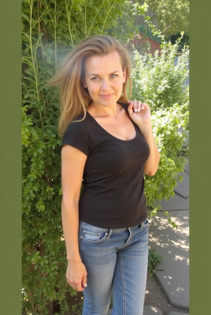 1girl in, 45-years old, Solo, Long messy blonde hair, large breasts, Shapely, Looking at Viewer, blondehair, slim figure, grey green eyes, jewely, Full body, a necklace, tshirts, Realistic, A sexy, accurate lora face