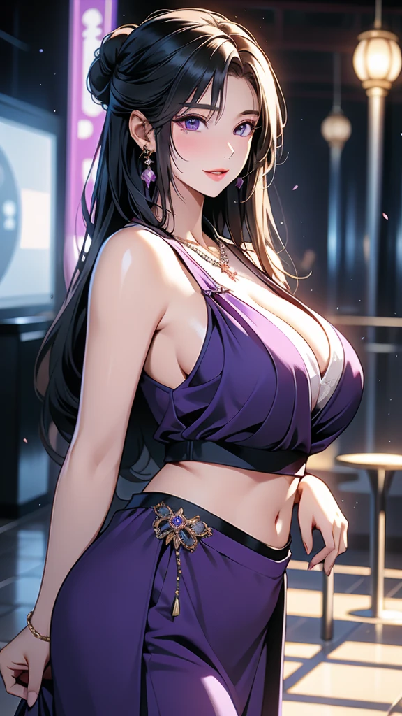 beautiful woman, Whole body, dark purple hair, Long hair, split pompadour, red necklace, blue eyes, ELEGANT DRESS, bare legs, bare arms, sitting on the floor, one knee on the chest, bottom, super market department store.