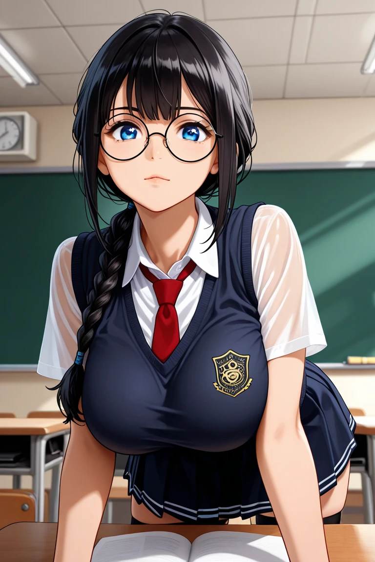 (School、classroom)、Super detailed illustrations、Super precise expression、masterpiece、highest quality、ultra High resolution、High resolution、(Sweat、body fluid)、shiny skin、(black hair、long hair、Braid、Glasses)、shirt、Standing picture、sexy panties、(Ahegao)、((table sex、crotch rub、masturbation))