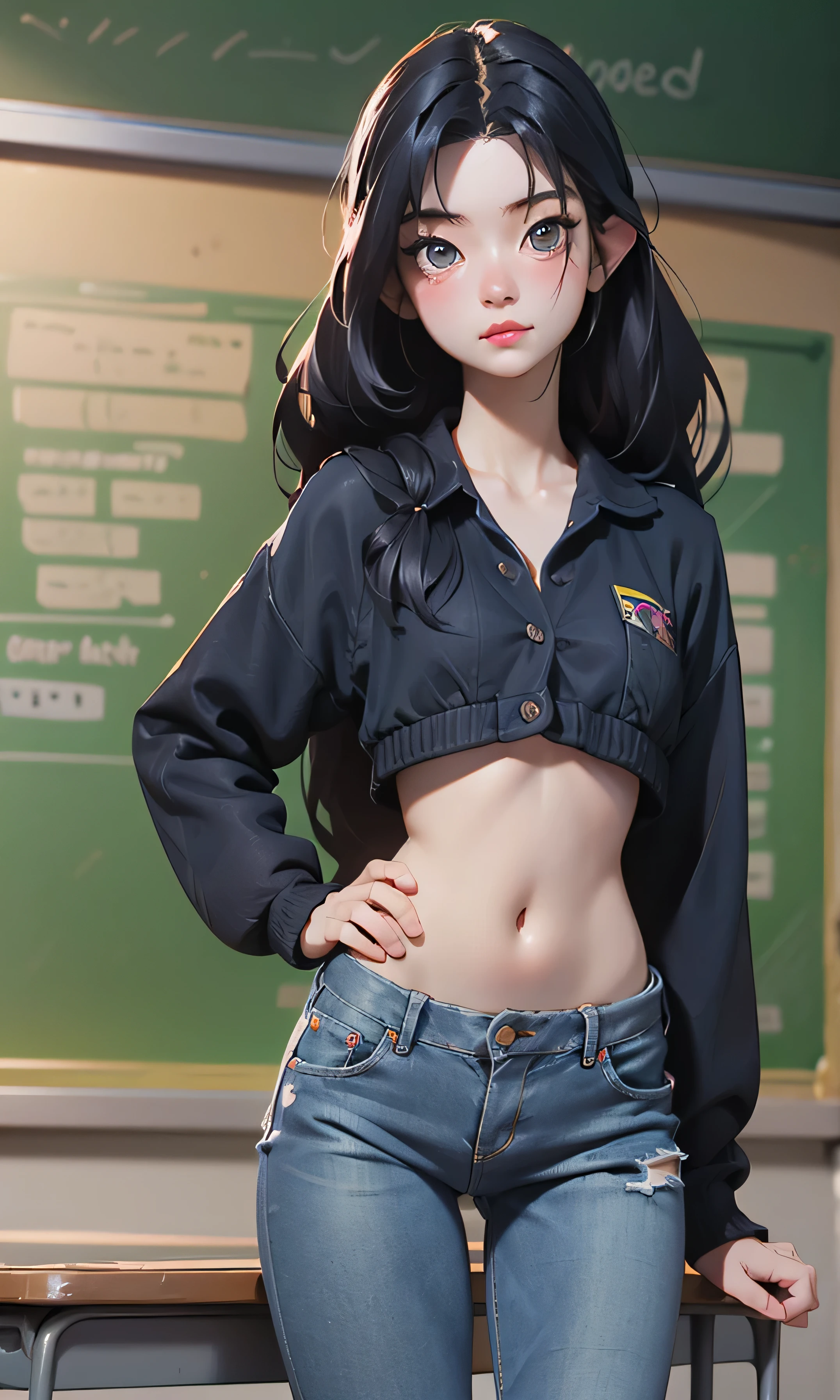 masterpiece, high detail, a beautiful girl, minju, illit Idol kpop, thin and tall, black hair, long hair, black eyes, half body, flat chest, abdomen, hips, black sweater, jeans, textured skin, Facing the viewer, at school, with the classroom blackboard in the background, 3D animation,