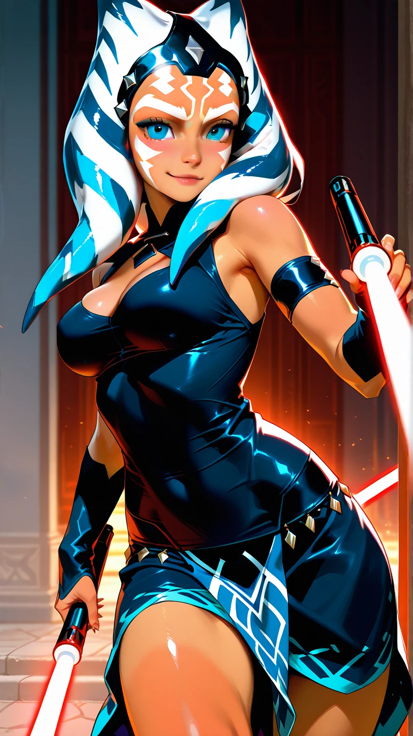 Ahsoka tano, masterpiece, best quality, highres, 1girl, solo, alien, blue eyes, boots, orange skin, gloves, tattoo, tentacle hair, colored skin, facial mark, facial tattoo, lightsaber, belt, forehead mark, lips, knee boots, armor, long hair, big boobs, big thighs, perky nipples