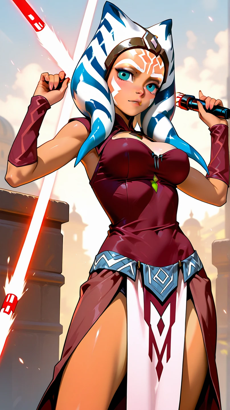 1girl, twilek, green eyes, (orange skinned), medium breasts, slavekini, pelvic curtain, looking at viewer, standing, auction block, defiant, lightsaber