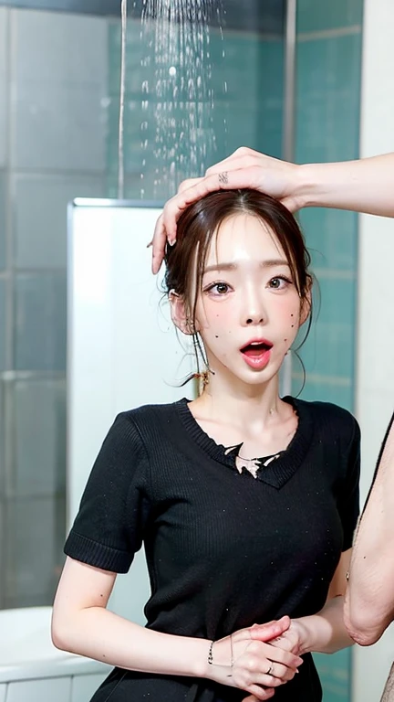photo of a skinny asian teen submissive wife messy long hair thrown into a messy bun ponytail. She wears: (turtleneck high ribbed pink tight sweater:1.1), submissive seductive pose, high tight ribbed neck, mouth retractor gag,