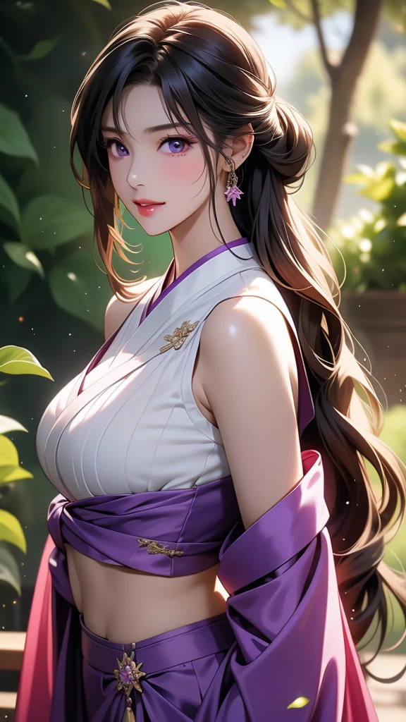 One person, solo, Long Hair, chest, Black Hair, Brown eyes、とてもLong Hair, , Parted bangs, Two braids hanging down on either side, Tentacle hair, chest, Purple eyes, Mole at the corner of the mouth, Background blur, Ukiyo-e, 8k octane, 3D Rendering, smile, happiness/joy,