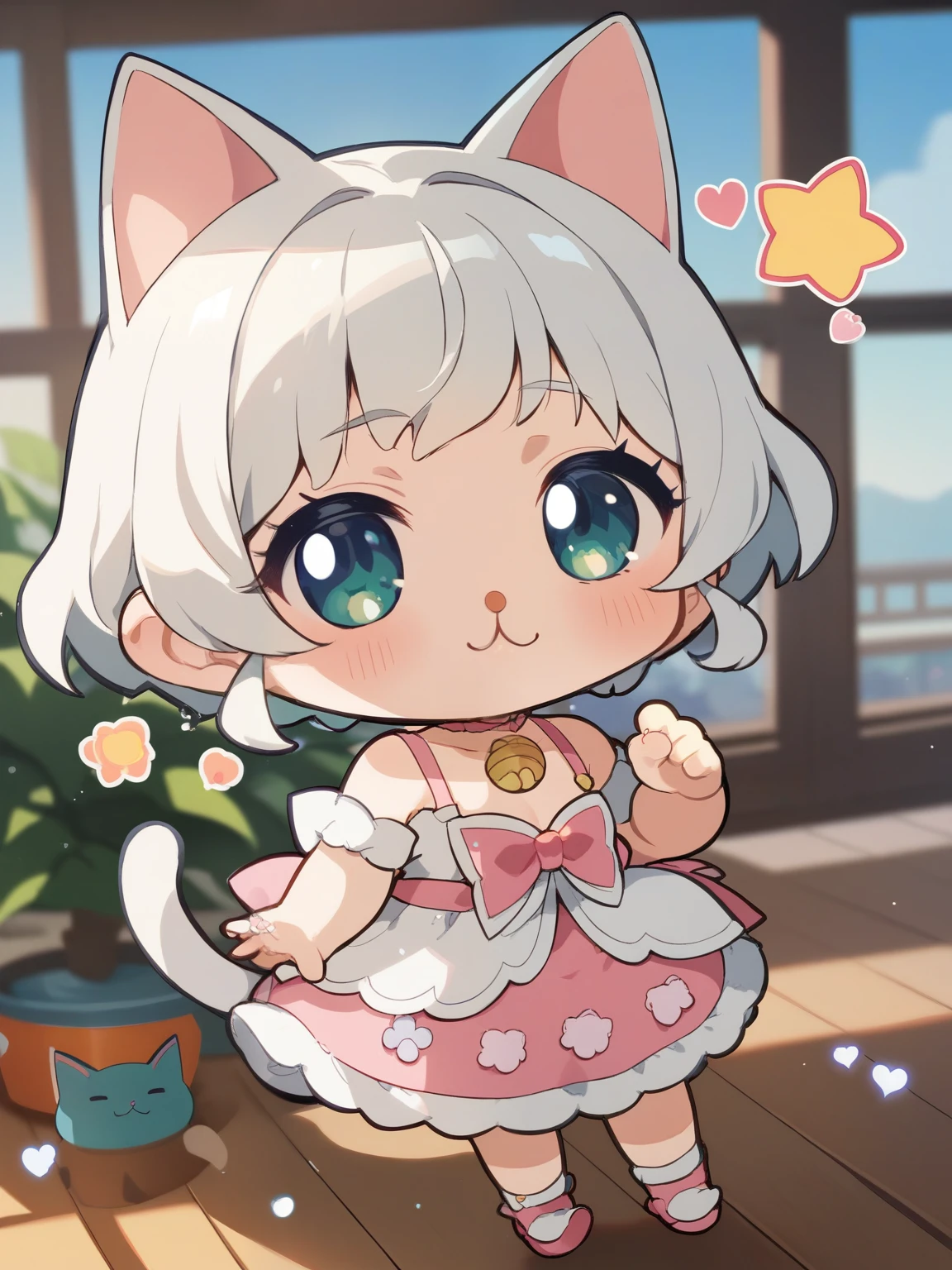 score_9, score_8_up, score_7_up, score_6_up, Source_Anime, nsfw,( chibi:1.6),(little kindergarten girl,baby-like face, big head,round face,skinny:1.3,flat chest with one hand around your mouth,young ,cat,Cat tail,Ride on top of the Roomba cleaning robot , A living room with a sense of Japanese life in the background,glitter,Pretty Cure style,