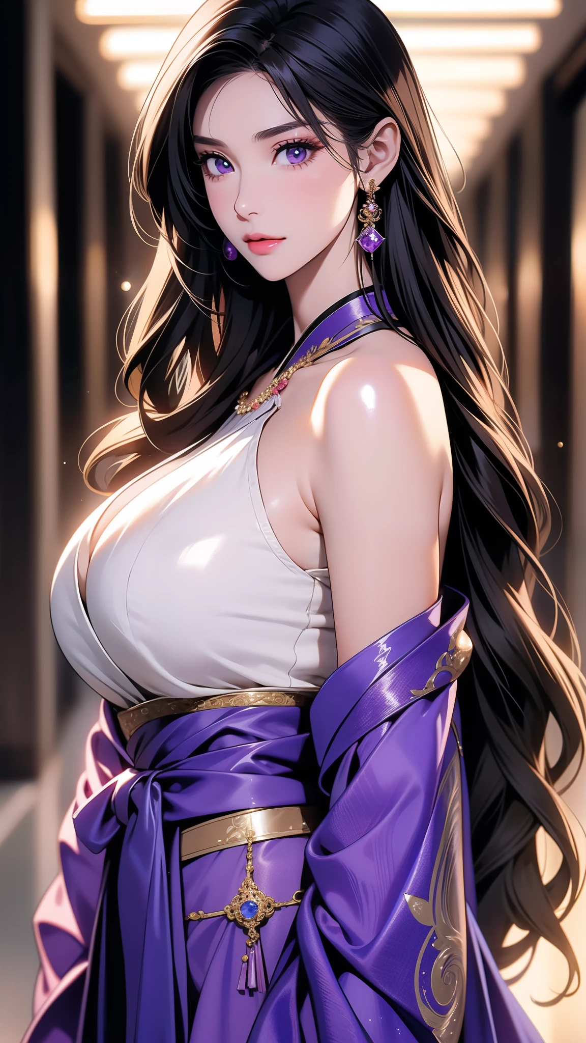 Manwha-style image, oil in paint , digital art, full-length view, dynamic pose, cinematic illustration, hyper-realistic, super detailed, including semi-animated realism illustrations and digital art, with detailed and exquisite images. A young woman with long messy black hair, purple eyes, light skin, with flowers in her hair, Greek tunic with flower print, big earrings, gray fox ears on her head, gray fox tail, dynamic pose taking a fruit from a tree with a flirtatious smile