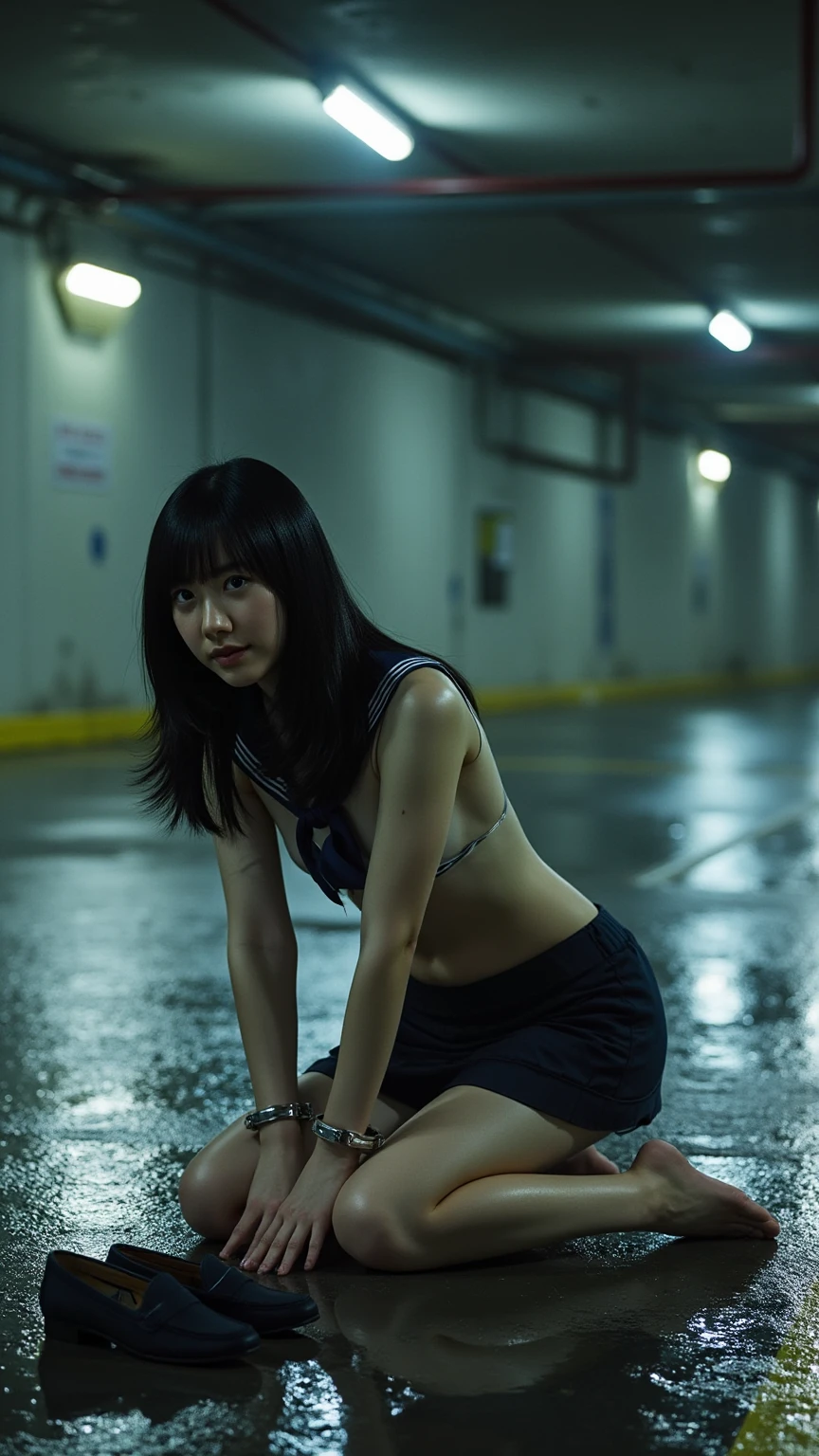 90s flash photo,1girll, Solo,At night,a woman standing in a dim alley flirting,(full bodyesbian:1.5),Wet,Transparent,(sensual lingerie),Bare feet,(Nippur:1.5),with a bright night scene in the distanceThe best quality,((Wet ground)),(((The ground is littered with garbage))),((tenten)),sin front of camera, tmasterpiece,RAW photogr,Film photos,