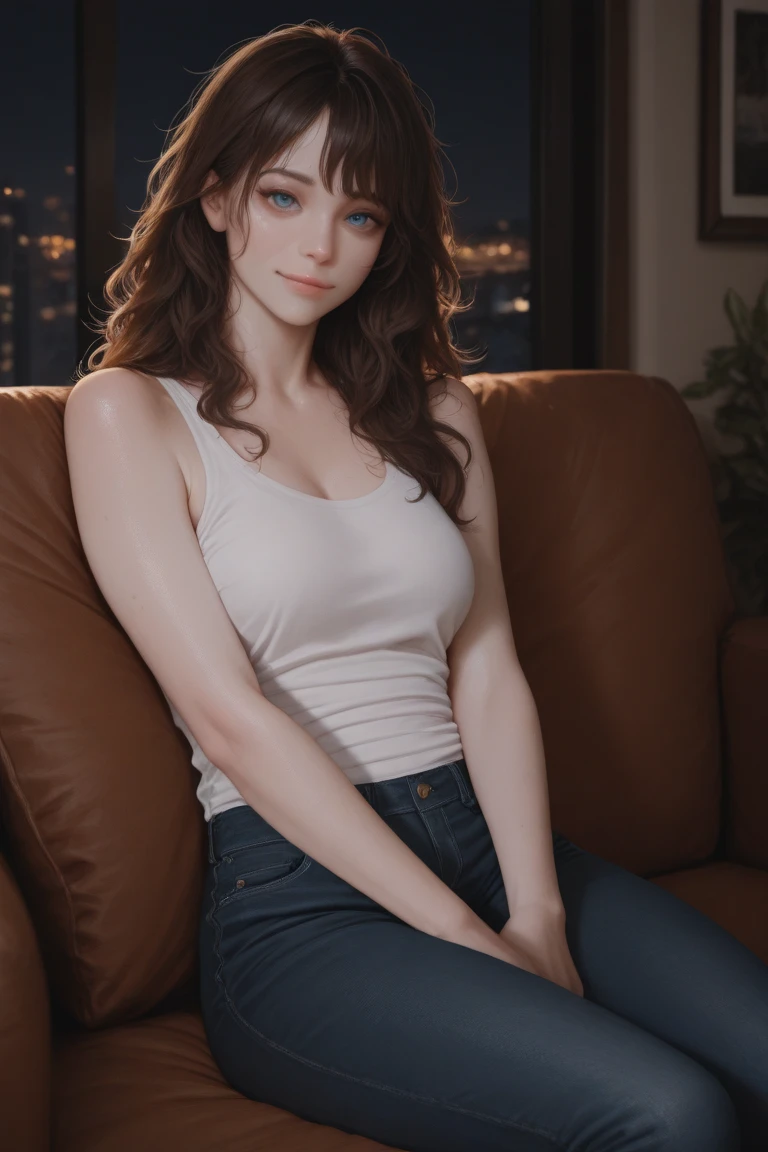 3mm4s, Teenage Girls,very young,(Dark brown straight hair),Emma Stone in 2007,smile,((Cleavage)),((Show off your breasts),Skinny jeans,pumps,night,House Party,indoor,US West Coast,Large sofa,There is a lot of alcohol on the table,People drinking and making noise