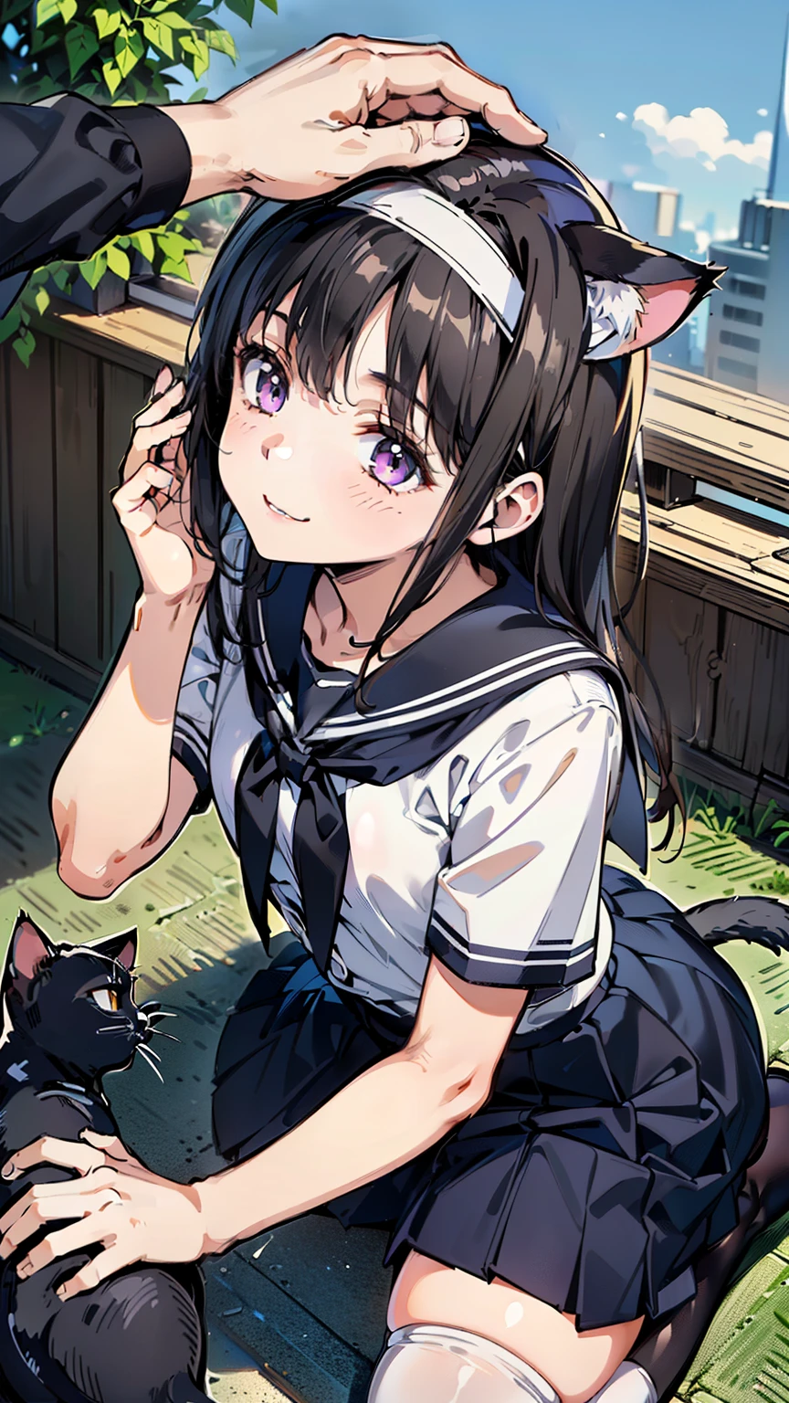 8K, highest quality, masterpiece, Super detailed, ultra high resolution, realistic, RAW photo, absolute resolution, small face compared to body, very small face, black hair, High school girl wearing a navy sailor suit, Anime 2D rendering, realistic若いアニメの女子高生, ((White headband)), purple eyes, small breasts, tall, slanted eyes, (school scenery), black stockings, bright color, open your mouth, Dark blue skirt,  braid hair, Bangs Patsun, position looking down from above, lie on your stomach, play with the rabbit on the ground, smile, 