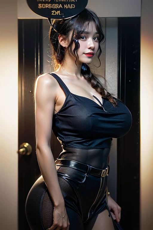 (masterpiece, best quality, ultra-detailed), AnnaEA, blue eyes, black hair, braided hair, large breasts, black dress, smiling, indoors