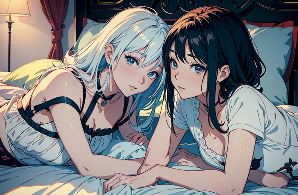 ((random pose)).A glamorous love hotel,On a decorated bed,A Japanese woman in white underwear holding her body, Japanese woman with bob cut lying down, Two Japanese women in their 20s hugging each other, evil smile, Japanese woman looking away, random pose,2 Japan women,Genuine young gravure idol, Young and beautiful gravure idol, Chiho, 8K)), 若いsensualグラビアアイドル, Wet, shiny skin!!, Shiny silver, Mole under left eye,Cute freckles on the cheeks,((beautiful skin)),((skin texture)),((Real Touch)), healthy,ruddy skin, beautiful clavicle, Tie your hair with a rubber band,ponytail, ((Embellished Detail Bra,sensual)),Danmei,Melting eyes.smile.Trance,Danmei,