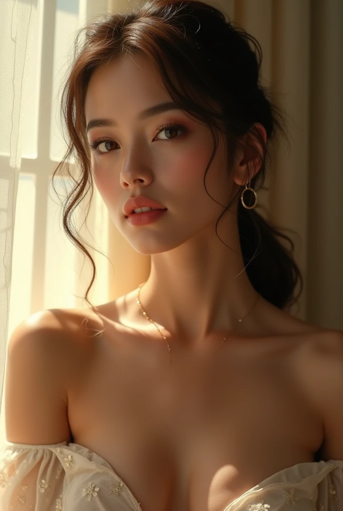 masterpiece、Highest quality、one person、Detailed_skin、Detailed_hair、Detailed、(Very large_breasts)、Very artistic mural_background、cinematic:1.35、Artistic Photography、Professional composition