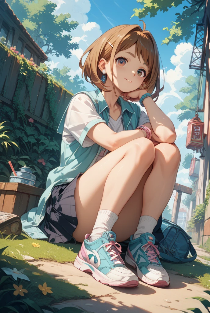 Masterpiece, Top quality, Perfect anatomy, Light blue bloomers, Sleeveless, Squatting, Anna Tanaka, Hair clip, Sporting, Outdoors, Smile, Blue sky,