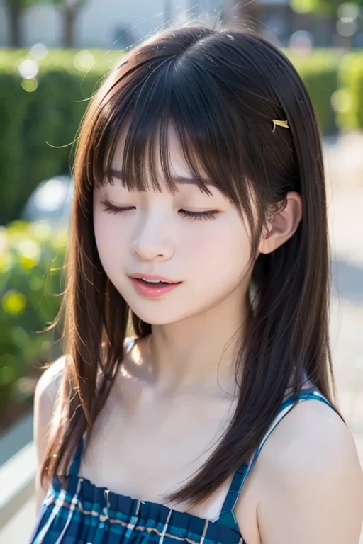 (Best-quality, Masterpiece, Ultra-High-Resolution, (Photorealistic:1.4), Raw Photo, depth of field, professional lighting), (in majestic river, flow of river, splash of water), (1girl, 15-years-old, famous Japanese-idol), ((innocent smile)), (wearing light-pink bikini), (((extremely big black-eyes))), ((((extremely beautiful and extremely realistic skins)))), ((extremely beautiful long-eyelashes)), ((extremely cute face like a Japanese-idol)), ((black long-hair)), ((attractive-body))