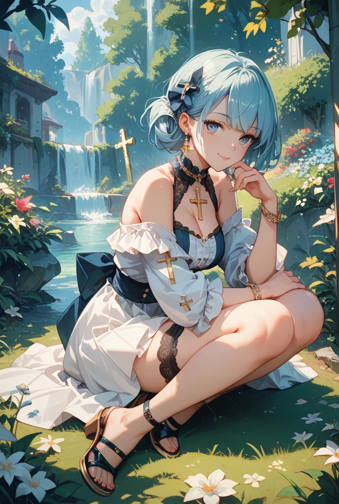 official art, masterpiece, sharp focus, (Beautiful, gorgeous and cute Korean woman:1.3), (Beautiful and cute Koreans:1.3), Korean beauty, exquisite beautiful hair、eyes and face, actual, super detailed, beautiful girl, blue sky, 发光white色颗粒, (Side light:1.2), Sunlight, white云, Detailed cloud, thin and long, Cute big  and big ass, smile with teeth, ((smile with eyes, open your eyes)), landscape, long, straight hair, sexy facial expression, architecture, (城市landscape:1.7), dynamic hair, very long, straight hair, 精致的white金银发, glowing green eyes, pink skirt, white, 皮膚蒼white, hair accessories, epic landscape,High heel，Nice butt，beautiful butt