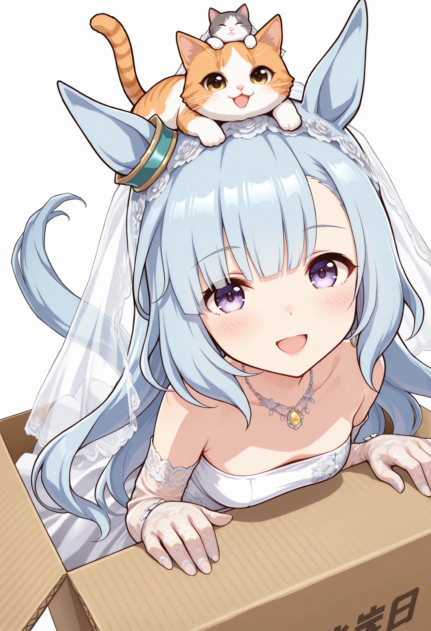 (((chibi))), (masterpiece, best quality, perfect face:1.4), wide angle, mejiro ardan \(umamusume\), 1girl, ear ornament, horse ears, horse tail, tail on the lower back, proportional body, proportional, beautiful hair, beautiful face, beautiful detailed eyes, beautiful clavicle, beautiful body, beautiful chest, beautiful thigh, beautiful legs, beautiful fingers, looking at viewer, BREAK, beautiful bride wearing beautiful wedding dress, (bridal veil:1.5), (Transparent short veil:1.5), (tube top wedding dress:1.5), (Silk dress:1.2), (Strapless wedding dress:1.5), pure white dress, necklace, lipstick, (lace gloves:1.5), long white dress, ((cat on top of head)), ((lying in cardboard box)), box labeled "umazon", BREAK, blush happy smile (open mouth), white background,