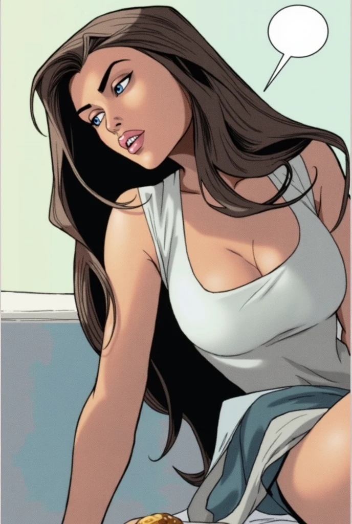Very detailed, beautiful spanish woman, The erotic seductress Krista Allen, Real Madrid tank top with a deep cleavage, in a bedroom, Artistic style of J. Scott Campbell, shiny skin, Thin waist, slim and slender body, busty, very big breasts, perky tits, perfect ass, perfect and detailed eyes, full lips, white thong, shy and blushing face, perfect fingers, sexual desire, dynamic pose, high quality, ultra high definition, SFW