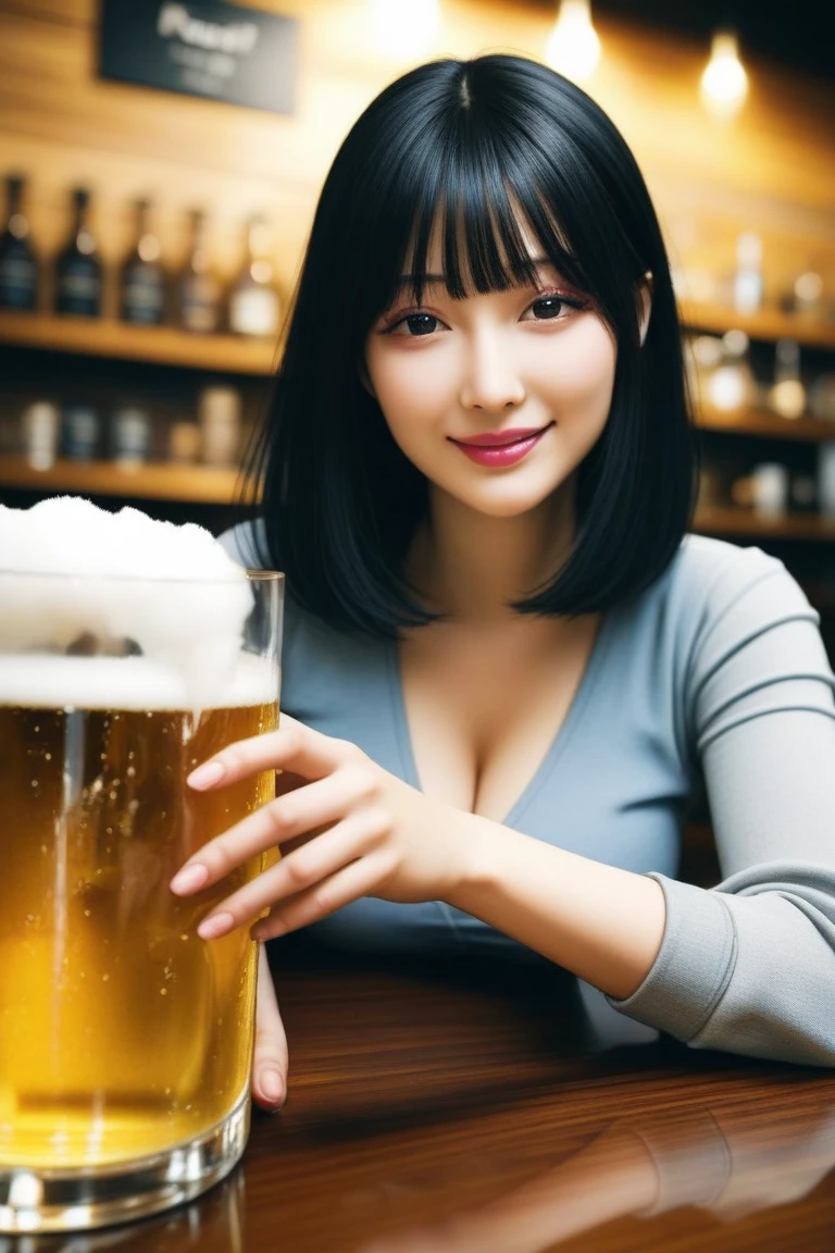 (high quality:1.2,Ultra-realistic) 、Detailed face、Detailed eyes、Beautiful Japanese Woman、22 years old、short hairやアップヘアのランダムなヘアスタイル、Black Hair、Big Breasts,Cleavage、The chest is on the table、Tank top、Sitting at the table, (Big smile,Happy expression:Pure joy). she has (short hair) and、 Holding a large beer mug on the table、looking at the camera、blush:2.5,Fair skin、Multiple moles、