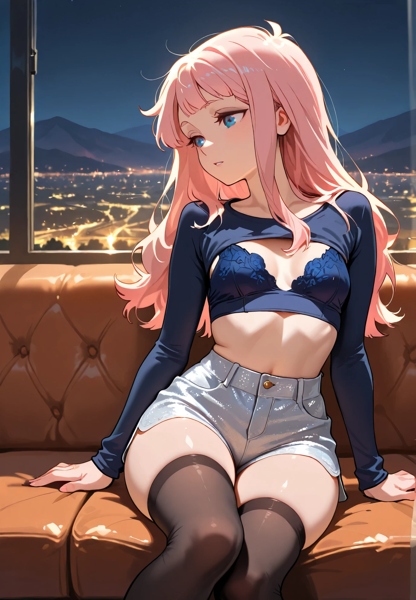 realistic image, detailed image, coherent image, 1 beautiful elf, she has very long hair, she has a black bow in her square bangs, pink hair, light blue eyes, smiling, winking, she is wearing a loose blouse, showing navel, mini jean shorts, sneakers, She has a curvy body, big breasts and thick thighs, She is sitting, sitting sensually, showing her legs, arching her back, surrounded by falling flower petals around, inside a restaurant, full body view, view from above, sunset, twilight, Soft focus, Dramatic shadows, Volumetric lighting, natural lighting,chika fujiwara