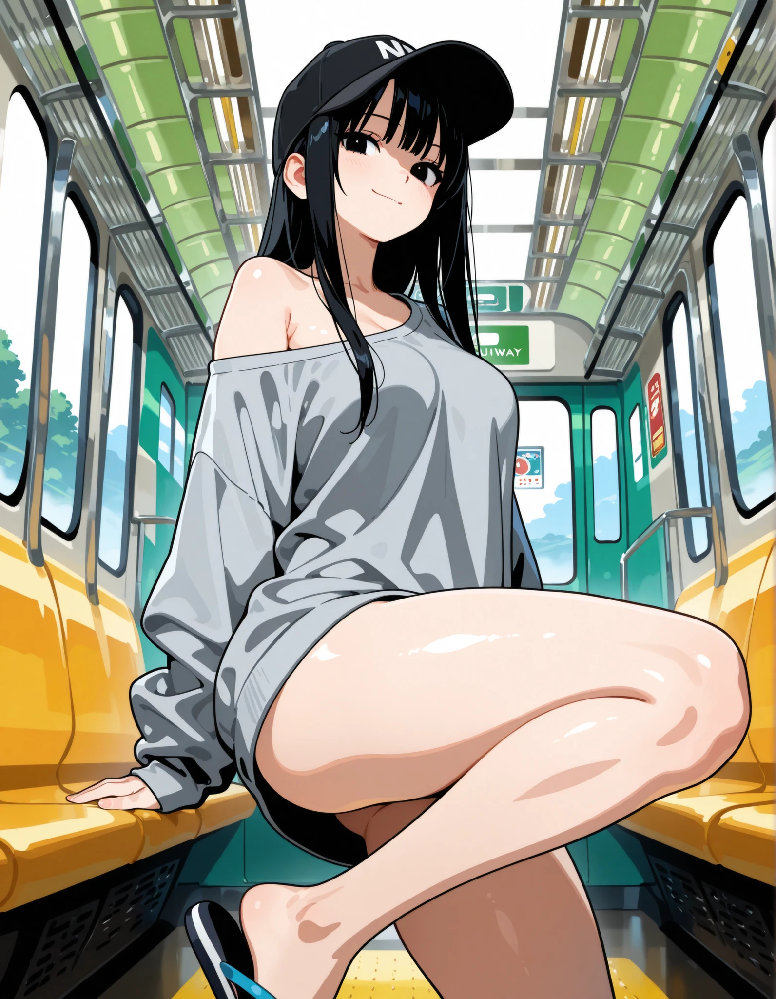 on the train、,Adult female、Gal、Bad look in the eyes、,Long black hair,Wet Hair、Black baseball cap、Stripped naked、Sneakers naked、Naked with a black baseball cap、dissatisfaction,Sulky,blush、the woman looks disgusted、
