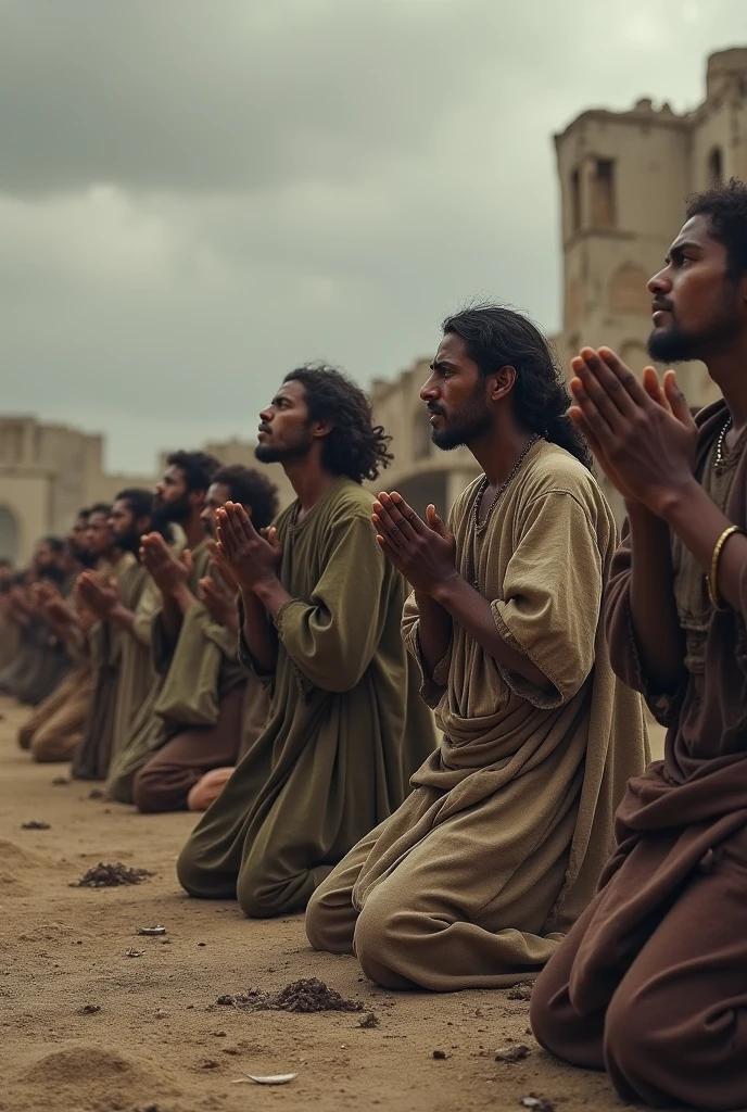 Strong, bearded Iranian men pray kneeling in their underwear and Islamic caps on their heads inside a plot of land and in the background, behind the wall, evangelical women in dresses pray standing up.. aerial view.