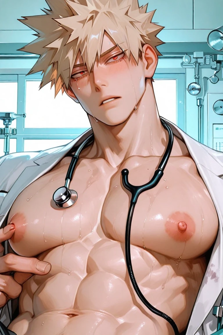 (masutepiece, Best Quality:1.2), Cowboy Shot, Solo, Male Focus, 1boy, Pokemon Touro, Closed mouth, Looking at Viewer, (holding a pokeball one one hand), Open clothes, ((labcoat)), ((micro bikini))、lean muscle guy, burly, hunk, Hot, big shoulders, musculature、 (hyperdetailed face), smirking, standing on a green hill, bright sunlight, (erection under clothes:1.5),