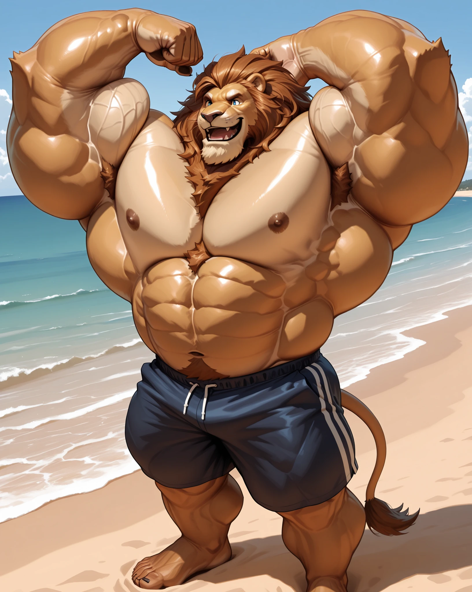 Lifesaver Lion、Side view、Great smile、Male lion、Beach Background、Tropical Island、Golden Mane、Beach、Hands touching the crotch、Red underwear with huge bulging crotch、Metallic underwear、Sitting pose、Pose with wide open crotch、Very wet body、Very beautiful abs、Developed muscles、Golden big eyes、Sharp toenails,、Composition looking up from below、Contrail、White teeth、paw pads on soles of feet