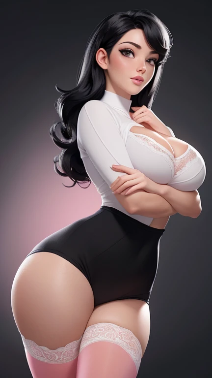 full body photo, hot housewife, short black hair, detailed face, expressive and blue eyes, naughty face, fine features, full and red lips, colossal breasts, pale and white skin, toned and muscular abdomen, toned legs , thick calves, delicate feet, she only wears a white button-down shirt. the shirt is open exposing her naked body, Gothic Black Lace Choker Collara, she has a black velvet anklet.
