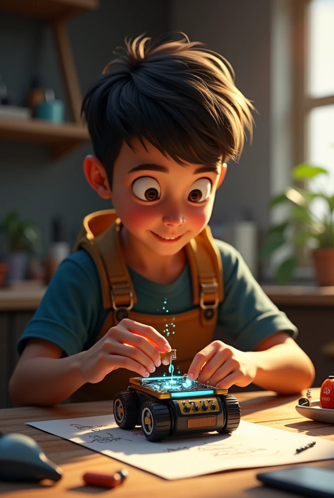 I want an image of a boy making a airplane out of a water bottle