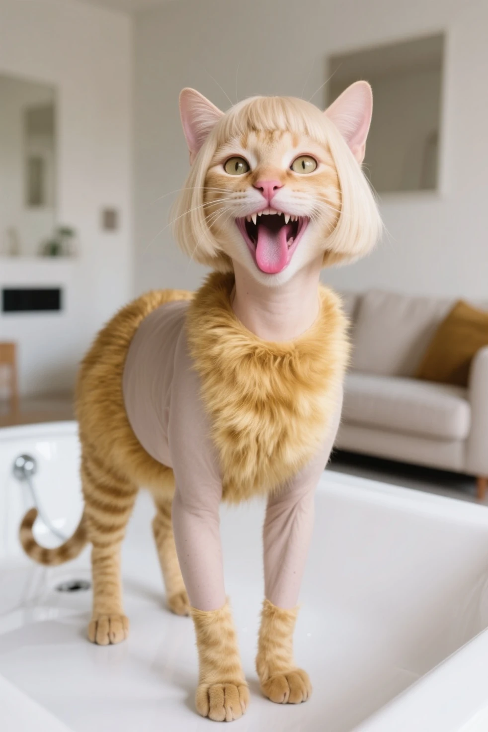 "A adult female cat. Looking straight ahead looks like a litle a human wearing pink t-shirt. Background white. Cat face surprise and looking to her right