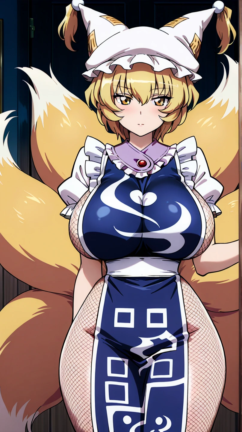 masterpiece highly_detailed yakumo_ran(touhou_project) huge_breasts huge_breasts huge_breasts fox_girl fox_girl cap tabad fox_ear fox_tail nine_tail pultiple_tail kyuubi_no_kitsune