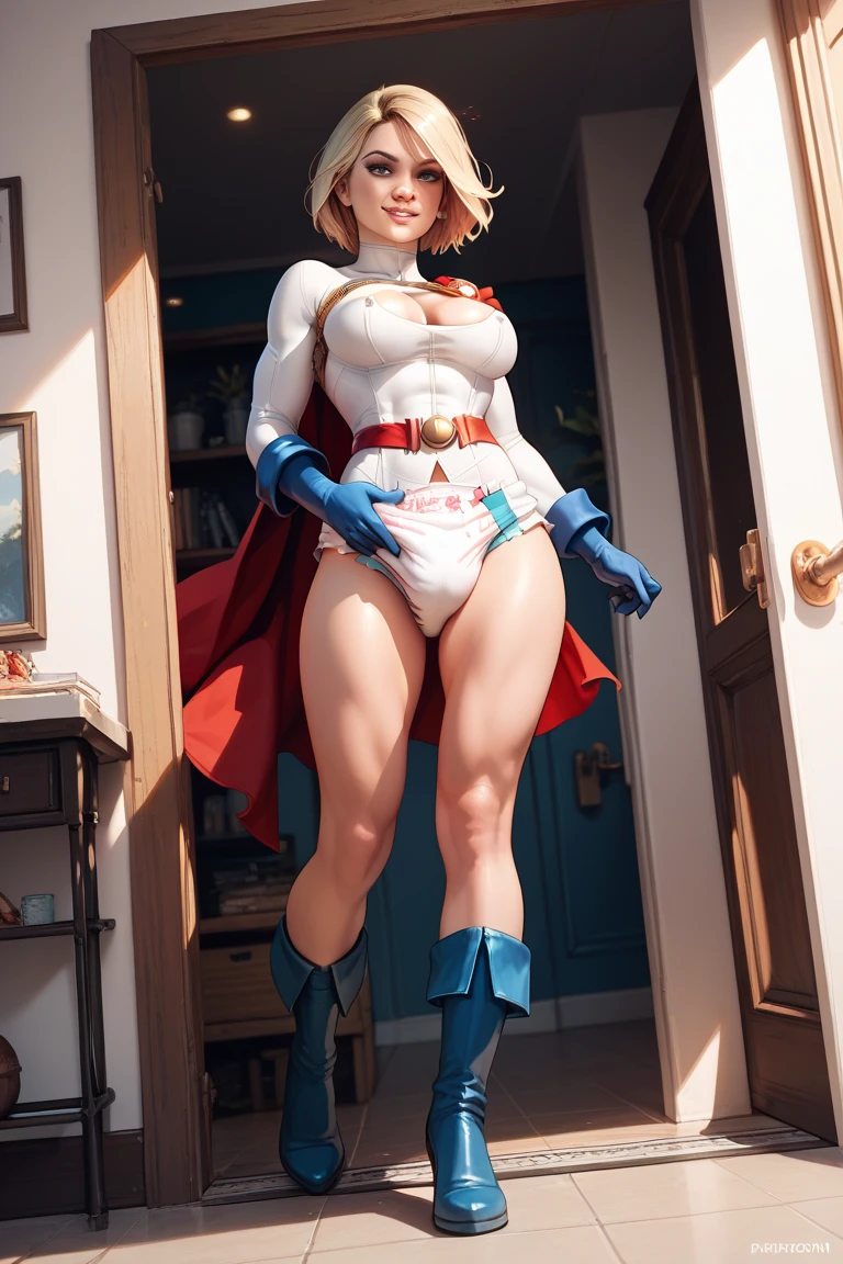 yellow eyes, blonde hair, short hair, blue ribbon, large breasts, detached sleeves, very white background, royal tiara, laying down on bed, red cape, yellow tiger bikini, high heels, hands on hips. red tattoo on belly, full body female milf, lustful smirking smile face (red blush)