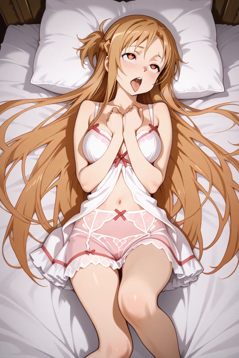 ((masterpiece)), ((best quality)), (ultra-detailed), ((extremely detailed)), 4K, (8K), best quality, (beautiful), anime style, fullbody shot, from below, heavy outline, clear outline, full body focus, bedroom, (((Asuna, SAO))), ((bra, panty)), ((beautiful orange eyes)), large breast, (ahegao, blush, sweat, open mouth, rolling eyes, tongue out),(lie on one’s back,spread legs:1.5), shiny-glistening, gleaming