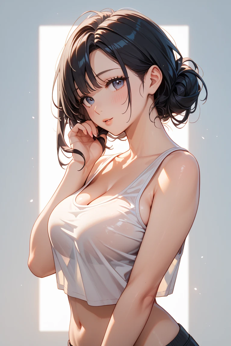 Fit Body, Masterpiece, Best Quality, Lisa, Girl, Symmetrical Face, Detailed Cleavage View, Tote Shirt, Orchan, (PureErosface_V 1:0.7), Wet Skin, Blush (Best Quality, 8k, 32k, Masterpiece, UHD:1.2), Cute Japan Woman Pictures, One Girl, (Big), (Tall Woman), (Abs) , (lips), closed mouth, (medium short), double eyelids, wet skin, only one very beautiful woman, very sexy body, gaze staring directly at the camera, golden ratio face, golden ratio body, big breasts looking directly at the camera, non-part-time sexy expression, chest between arms to create cleavage, chest closer, coquettish smile, very happy smile, skin luster, Big eyes, highlights in the pupils, distinct double eyelids, eyelashes, long neck, beautiful short hair, glossy dark black hair, bangs, pure white background, empty background, crystal clear white off-shoulders, clothes that seem to be visible but not visible, overwhelming charm