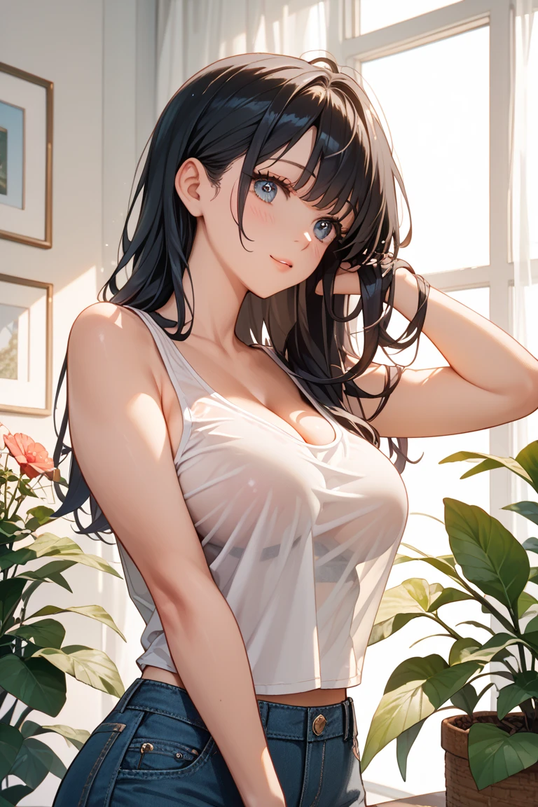 Chitanda，只有一个beautiful girl，Purple Eyes, Black Hair, Natural straight hair, Straight bangs，Extremely refined，open your lips，Face is so red，Very white skin，Skin as delicate as porcelain，Glowing skin，big eyes，Flowing long hair，beautiful girl, Like a dream，Slim，Slim waist，Soft, (Sensual), (Kawaii), Dream quality，Sweaty and sweaty，Wet skin，Side breasts，it is raining，Planting flowers in a greenhouse，White transparent dress，Profile，（Completely naked），Gluteal groove，The outline of the breasts is visible through clothing，Completely naked的背部，nacked hip，very close，Deep V neckline，Loose neckline，Beautiful big breasts，No pants，nopan，no pants，Bare shoulders，There are no shoulder straps，Exposed collarbone，Delicate clavicle，Delicate hands and feet，Bare neck，There are no clothes around the neck，Bare thighs，Exposed groin，Camel toe，extremely shy，Ultra-high resolution, (masterpiece:1.2, best quality), (Delicate and beautiful eyes: 1.2), (Beautiful and delicate face)