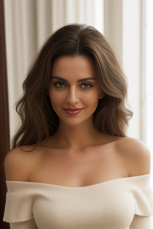 (best qualityer,high resolution,work of art:1.2),ultra detali,photorrealistic, radiosity, photon mapping, dtx, 8k), ((((colar closeup, healthy, white boho blouse, humid, [breasts big:breasts big:0.8])), naturals, (work of art, photorrealistic:1.4, extremely complex:1.3, radiosity, photon mapping, dtx, 8k), A pretty, Youngh, exotic, adjusting, voluptuous, 40 year old, bohemian woman of Brazilian and Caucasian descent, with long, dirty cabelos castanhos cacheados far aways, and almond shaped, eyes browns. She is wearing conservative clothing, boho and tight blouse, missing, ultra low blue jeans, hyperrealisti.,detailedeyes,detailed lips, far away, cabelos castanhos cacheados far aways,swirly vibrant colors,soft lighting,subtle makeup,Shallow depth of field,subtle smile,rosy cheeks,airy, cinematic, 超detailded, insane details, beautifully color-graded, cinematic lightning, Insanely detailed and intricate, Hyper maximalist, Volumetric, full color, HDR, high budget Hollywood movie, cinemascope, temperamental, epic, marvelous , (((smilling face))), (((full body shot shot))), she is standing in a lush courtyard on a sunny morning, and looking directly into the camera.(paired with the Canon EF 85mm f/1.Lente 4L IS USM:1.2), (The scene is bathed in soft, warm sunset light:1.2), (ultra photorrealistic, highlighting its features, beautifully color-graded, cinematic lightning, Insanely detailed and intricate, Hyper maximalist, Volumetric, full color, HDR, Shallow depth of field, high budget Hollywood movie, cinemascope, temperamental, epic, marvelous