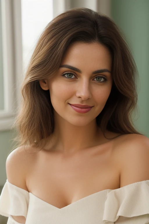Beautiful Russian women, sexy smile, 45 years old, big breast, brunette hair, green eyes, white shirt, in bedroom, wearing black bikini, gold bracer, red lips, ultra realistic, 8k UHD, real life
