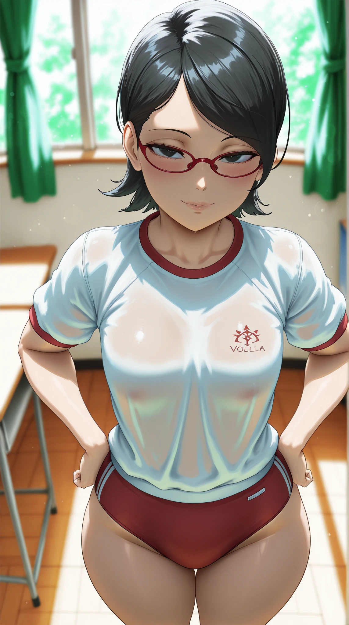 masterpiece, best quality, [optionaltypo:urushihara satoshi:0.7], 1990s \(style\), 1girl, mature, aged up, lips, freckles, mole, glasses, smile, short hair, red beanie, flat chest, strapless shirt, shoulderless shirt, off shoulder, choker, leaning forward, extended downblouse, nipples, sexy, provocative, changing room, upper body