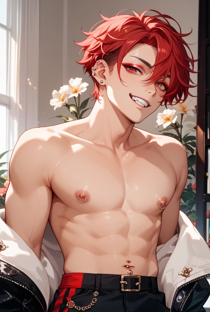 1boy, wolf ears, wolf tail, short fluffy red hair, red eyes, slim waist, ultra masterpiece, shirtless, sweatpants, living room setting, smile, big thighs, seductive, blush, wide hips