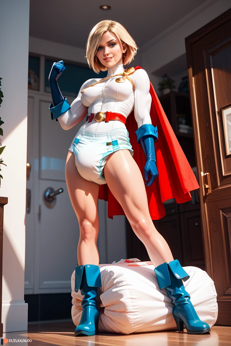 (masterpiece, HI quality: 1.1) 1girl full body standing good face, nice ass, hairstyle: braid, Color Hair: long hair, Blindfolded: NO EYES, Skin: White (porcelain skin, sparkly skin), muscular, thighs, Mature woman, Abs, looks at the viewer smiling, extremely huge breasts, maternal, chest cover with clothes
