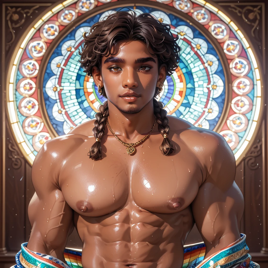 A skinny, dark-skinned femboy with black, curly African hair. He has brown eyes, full lips, and his face is clean shaven. He is a prince. He is wearing beautiful jewelry. He is smiling. He has a royal crown on his head. He is wearing white sexy thong with a white shawl and white stockings. He has big nipples and a bulge. He is standing in a medieval room in front of colorful stained glass. Brown skin, dark skin, deep skin, African male, 1_boy, twink, femboy